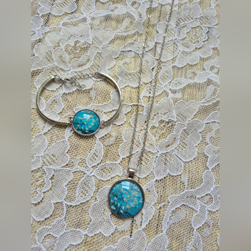 Van Gogh Almond Blossom Silvertone Nevklace and Bracelet Set